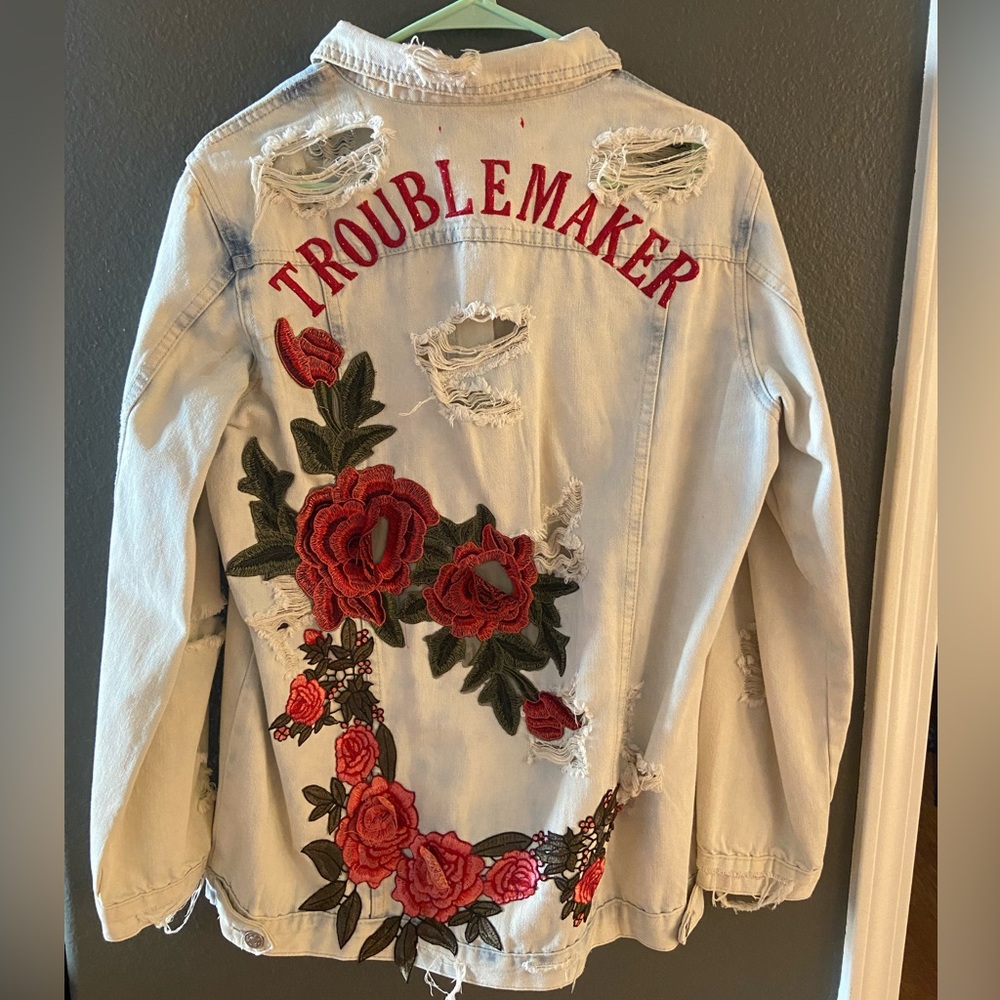 Oversized distress denim button up jacket